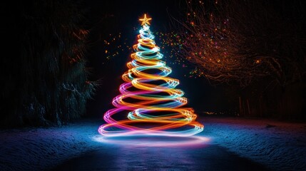Abstract light painting, long exposure style, creating trails of festive colors in the shape of a Christmas tree, dark setting