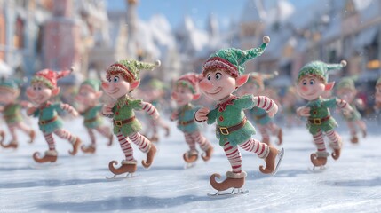 Merry Christmas Elves Ice Skating in a Snowy Village