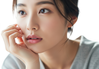 Closeup portrait of a young woman with hand on chin isolated on transparent background