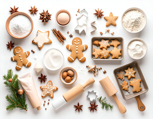 Festive Christmas baking flat lay with gingerbread cookies, ingredients, spices, and baking utensils on a white background