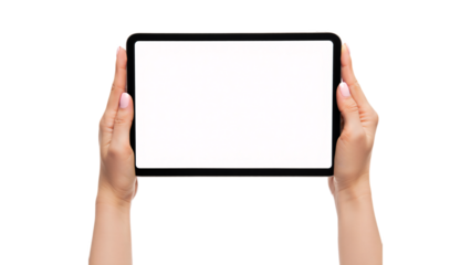 Hands holding a tablet computer with a blank white screen isolated on transparent background