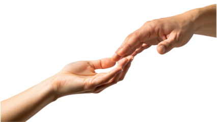Two human hands reaching out and touching fingertips isolated on transparent background
