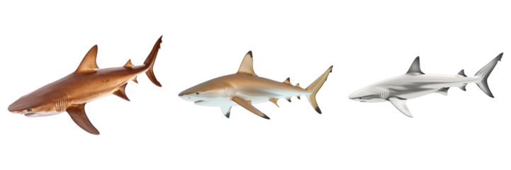 Three sharks of different colors isolated on a bright background. Each shark appears to be swimming