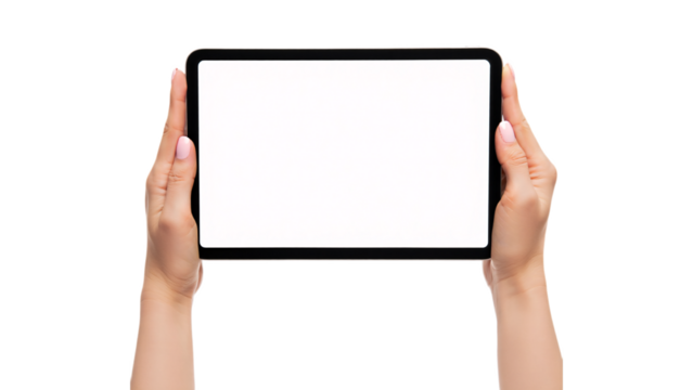 Hands holding a tablet computer with a blank white screen isolated on transparent background