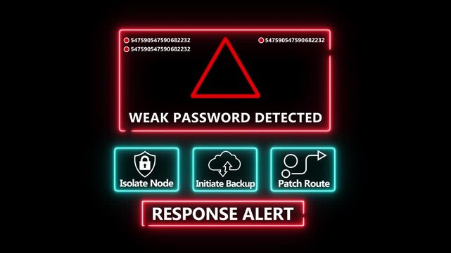 Weak password detected response notification on digital interface in data center server room with isolate node initiate backup patch route options.computer hacking attack warning message .4k video