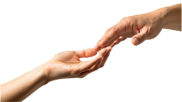 Two human hands reaching out and touching fingertips isolated on transparent background
