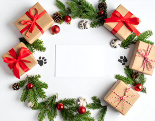 Christmas circular frame of gift boxes, evergreen branches, and red ornaments with paw prints on a white background, ideal for holiday messages and copy space