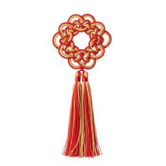 Intricate red and gold chinese knot with tassel ornament isolated on transparent background
