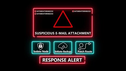 Suspicious E-mail attachment response notification on digital interface in data center server room with isolate node initiate backup patch route options.computer hacking attack warning message .4k - Powered by Adobe