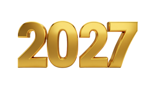 Golden 3d rendered number 2027 isolated on transparent background