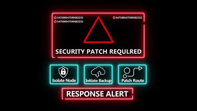 Security patch requlred response notification on digital interface in data center server room with isolate node initiate backup patch route options.computer hacking attack warning message .4k video