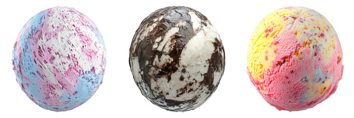 Three scoops of delectable ice cream, each boasting a unique flavor and vibrant appearance, are ready to tantalize taste buds. The textures and colors vary, hinting at a delightful sensory experience.