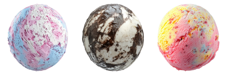 Three scoops of delectable ice cream, each boasting a unique flavor and vibrant appearance, are ready to tantalize taste buds. The textures and colors vary, hinting at a delightful sensory experience.