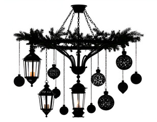 Elegant Christmas Chandelier Silhouette with Ornaments and Pine Swags