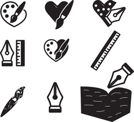 The icons include a paintbrush, a heart-shaped palette, a ruler, a pen nib, and an open book. set icon