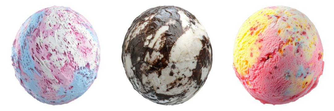 Three scoops of delectable ice cream, each boasting a unique flavor and vibrant appearance, are ready to tantalize taste buds. The textures and colors vary, hinting at a delightful sensory experience.