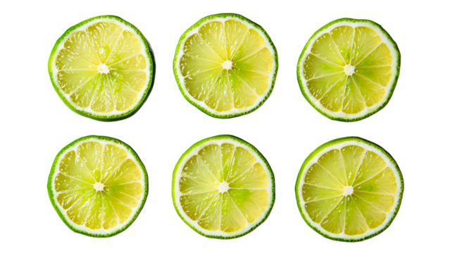 Six freshly sliced lime rounds arranged in two rows isolated on transparent background