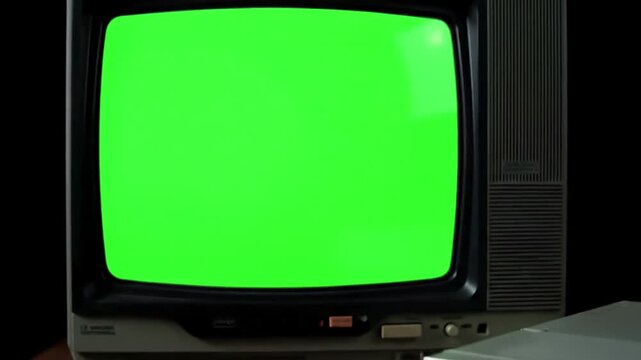 Vintage VCR Operation with male hand inserting a vhs into and an old tv green screen you can replace the footage or picture want do it lkeyingr effect in after effects distortion, overlay, glitch