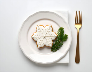Delicate snowflake Christmas cookie with intricate white icing, elegantly arranged on a crisp white plate beside a festive evergreen sprig and golden fork, top-down