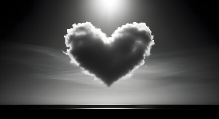 Monochrome heart-shaped cloud floating in the sky symbolizing love and hope