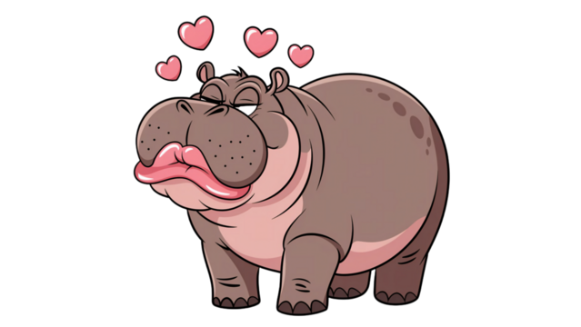 Cartoon hippo with pink lips and hearts isolated on transparent background