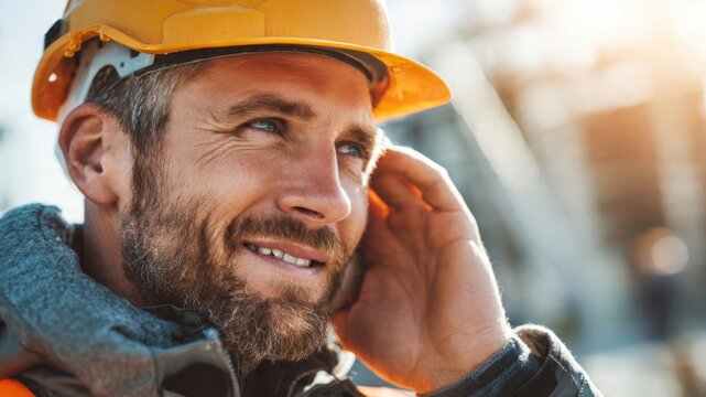 Engineer adjusting safety helmet at industrial site closeup portrait natural sunlight professional environment