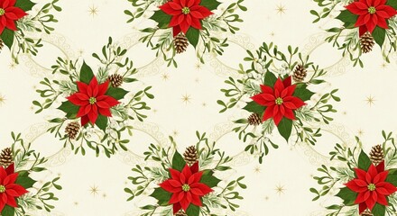 Floral Christmas pattern with poinsettia flowers, mistletoe, and pinecones