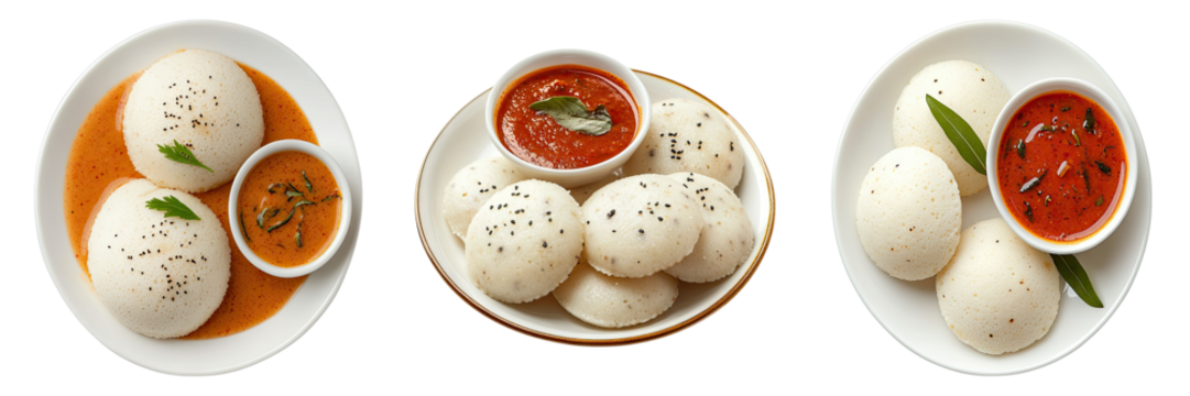 Idli, a South Indian culinary delight, presented in three different arrangements, accompanied by sambhar and chutney