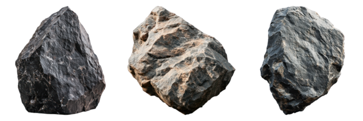 Three uniquely textured rocks isolated, showcasing a variety of shapes and surfaces, evoking a sense of geological diversity
