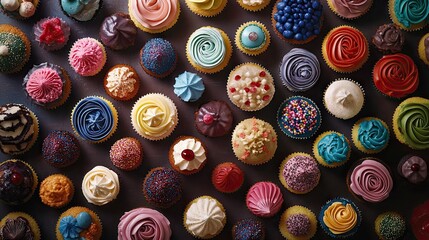 Colorful cupcakes with vibrant swirled frosting in pink, purple, orange, and blue arranged in rows