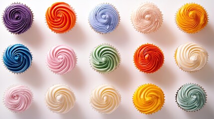 A colorful assortment of 15 cupcakes, each topped with uniquely designed frosting in vibrant colors—pink, orange, yellow, green, blue, and purple