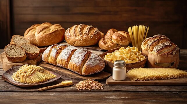 A rustic wooden table with various artisan breads, pasta, wheat stalks, and flour in warm light