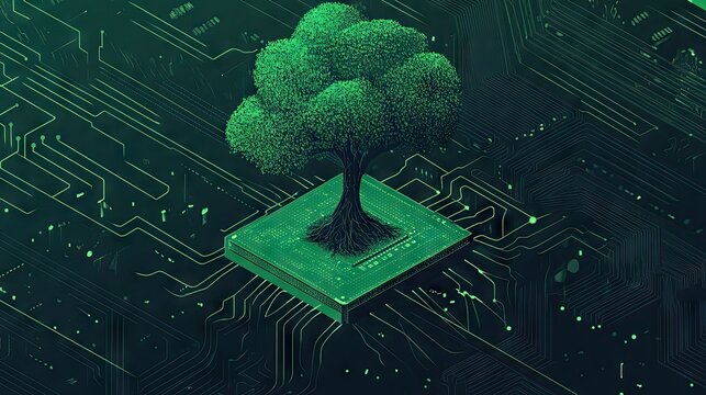A digital artwork of a glowing green tree growing from a circuit board chip on a dark tech background