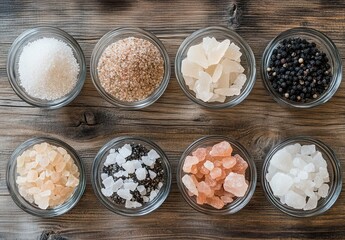 Eight small glass bowls filled with different types of salts and spices