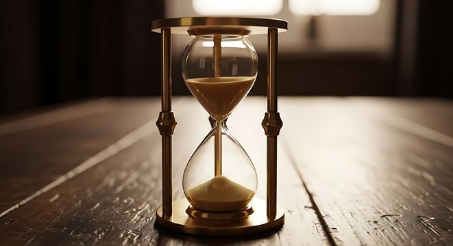 A timeless brass hourglass, its golden sand steadily flowing, symbolizes the relentless passage of time and the fleeting nature of moments, set upon a rustic wooden surface