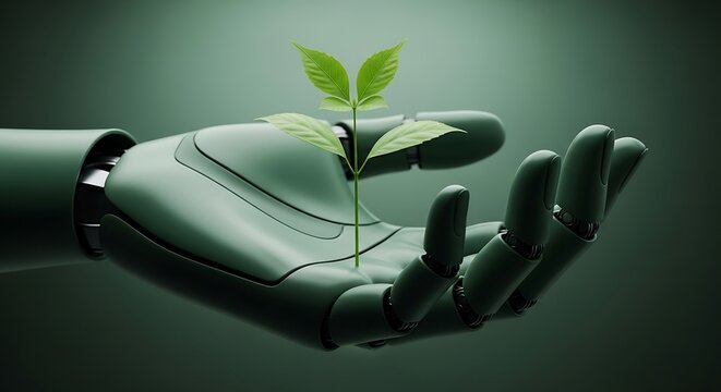 Robotic hand holding green seedling robot hand plant