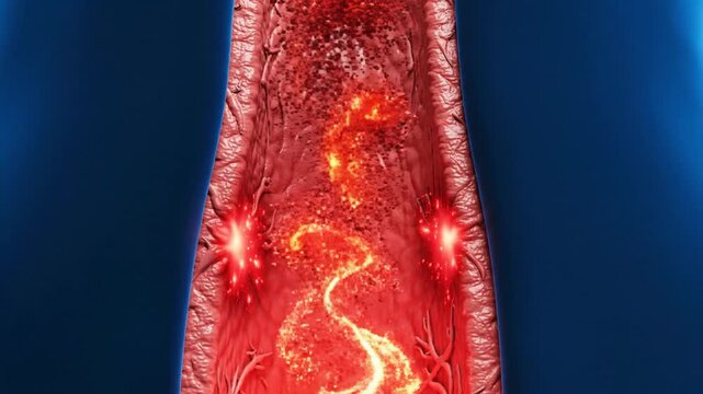 Medical Animation Of Artery Blood Flow Depicting Plaque Build Up With Red And Yellow Particles Against Blue Background
