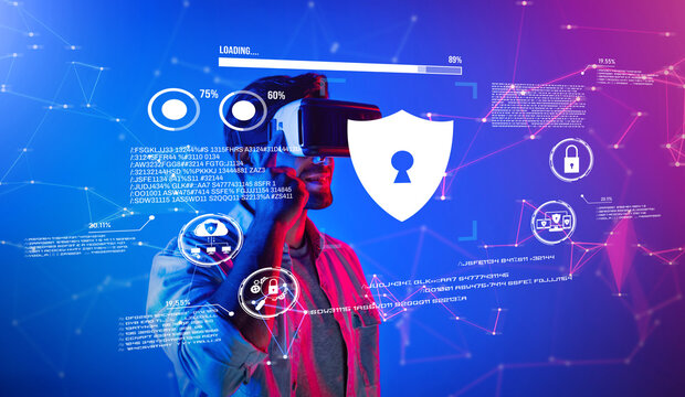 A modern scene depicting a man using virtual reality technology while focusing on cybersecurity and privacy, emphasizing the importance of protecting data in the digital world. XDMCP - Powered by Adobe