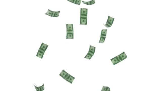 Green Screen Financial Element with 2d animation motion graphics drawing of money dollar bill or bank note thrown up and falling down on white alpha matte in hd high definition distortion, overlay