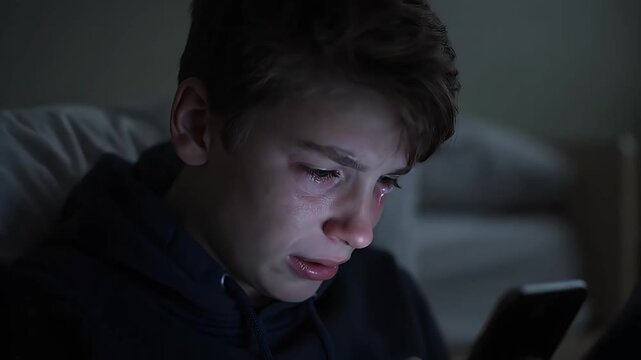 Young Boy Crying Over Smartphone Screen Light in Dark Room Showing Emotional Distress and Digital Addiction Concept