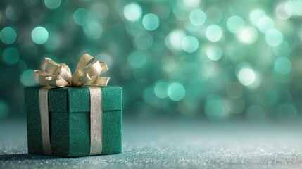 Teal Glitter Gift Box with Silver Bow on Sparkling Background