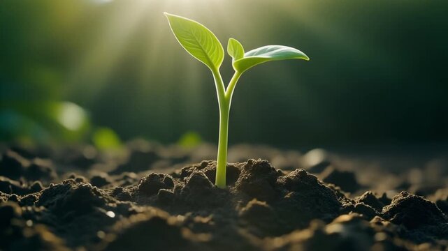 The Sprout Lifting the Soil. The pale green hypocotyl arch of a bean sprout is just breaking through the surface of the dark moist soil. It is lifting a single small clump of dirt on its back.
