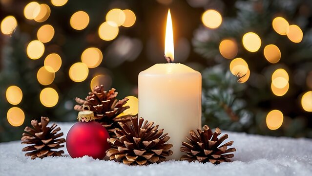 Red candle glowing warmly on snowy ground with pinecones and ornaments, symbolizing Christmas peace.