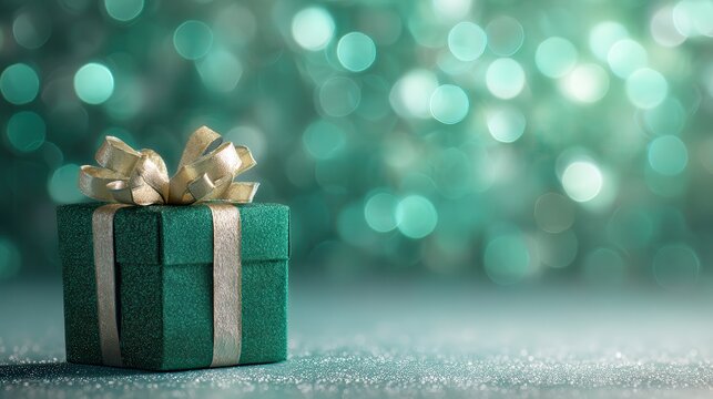 Teal Glitter Gift Box with Silver Bow on Sparkling Background