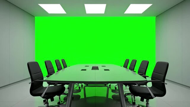 Business Presentation Setup with office conference room meeting beautiful businesswoman talks uses green screen chroma key wall tv digital entrepreneur presents e commerce product to group of multi