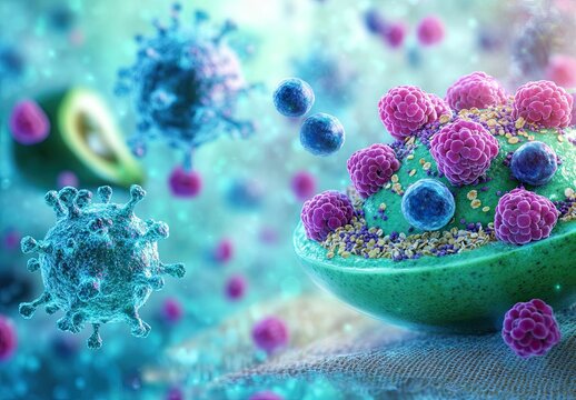 A surreal microscopic view of viruses floating around a green bowl of healthy food in a blue environment