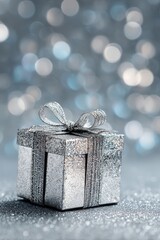 Silver Gift Box with Shiny Ribbon on Sparkling Background