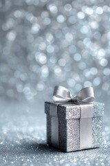 Silver Gift Box on Sparkling Glitter Background