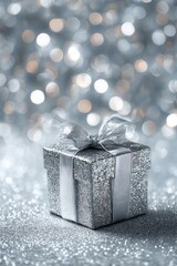 Silver Gift Box with Bow on Sparkling Background