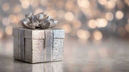 Silver Glittery Gift Box with Bow on Light Background